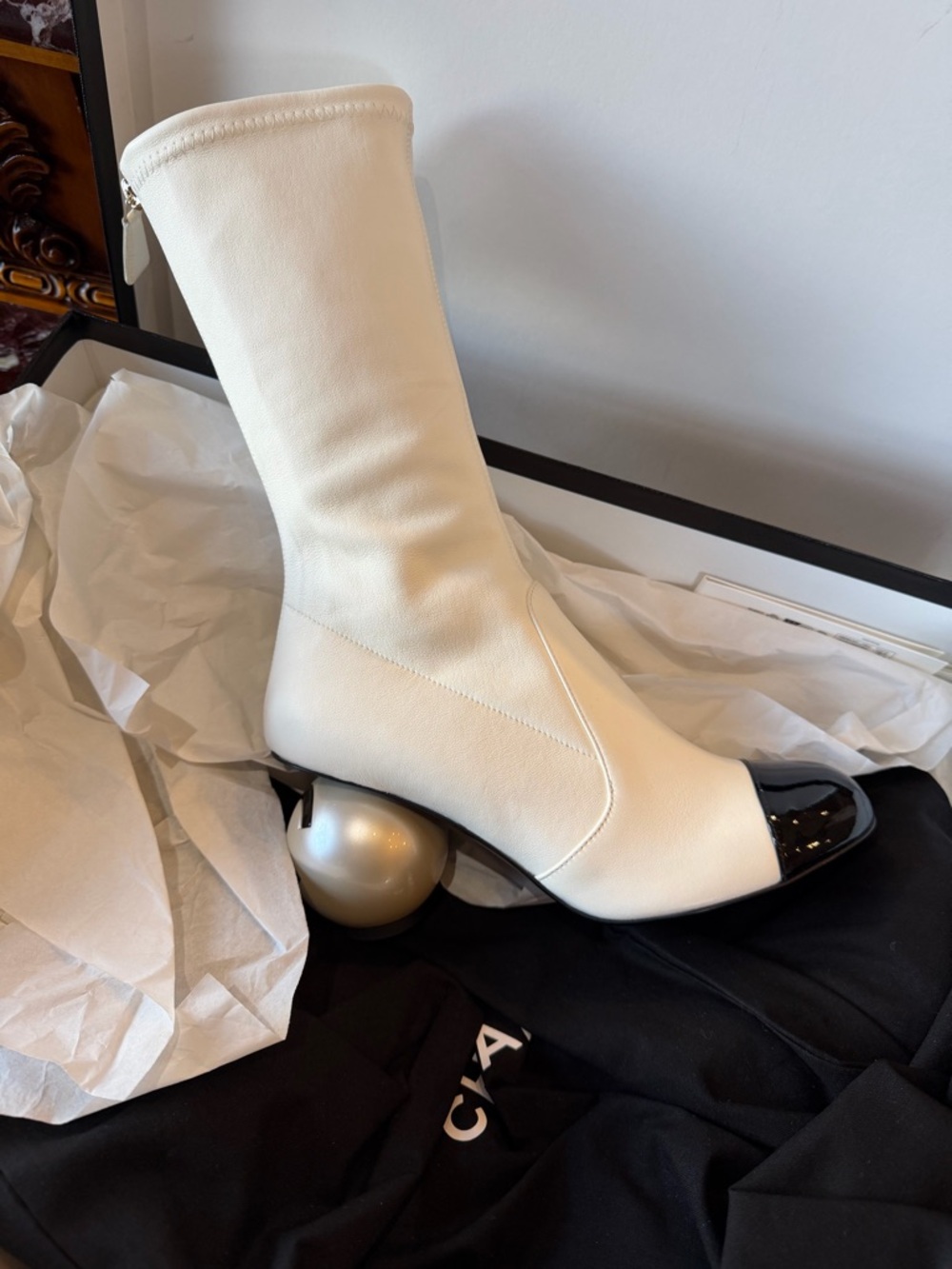CHANEL White Over-the-Knee Boots with Black Cap Toe and Pearl Heel - Picture 2 of 5
